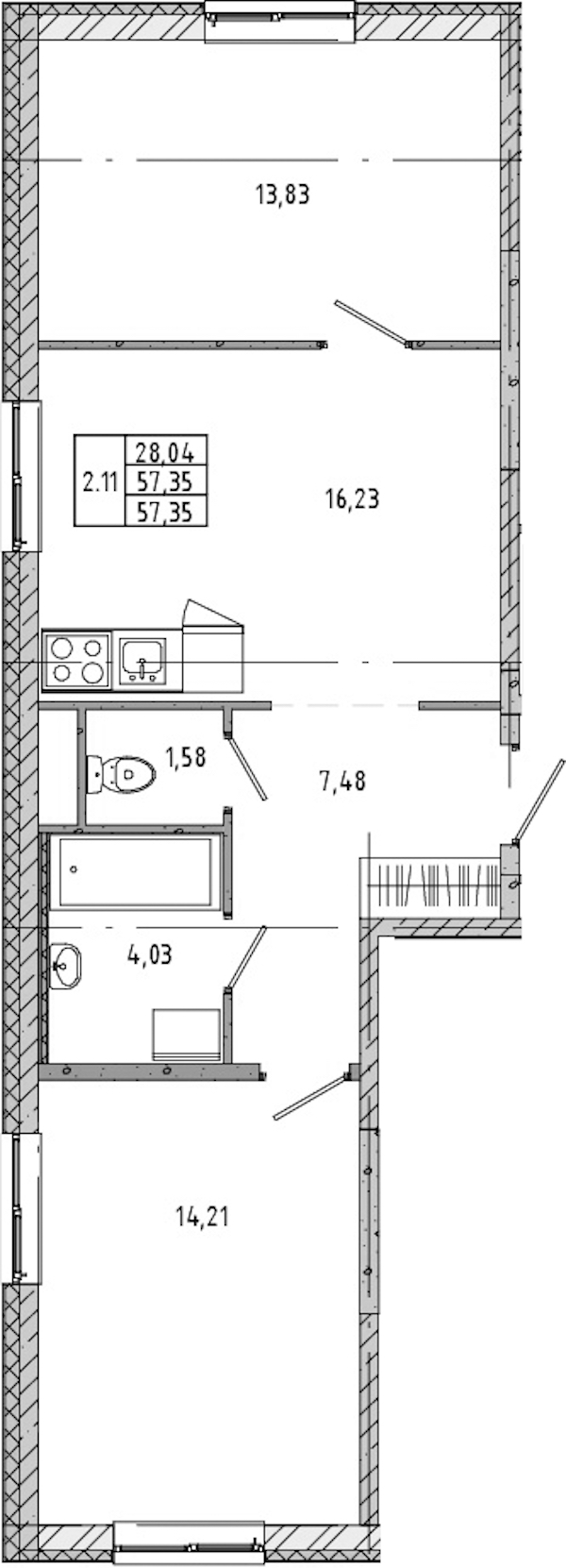 2-комнатная квартира 57.33 м², 2/21 эт., ЖК «Новые горизонты 2»